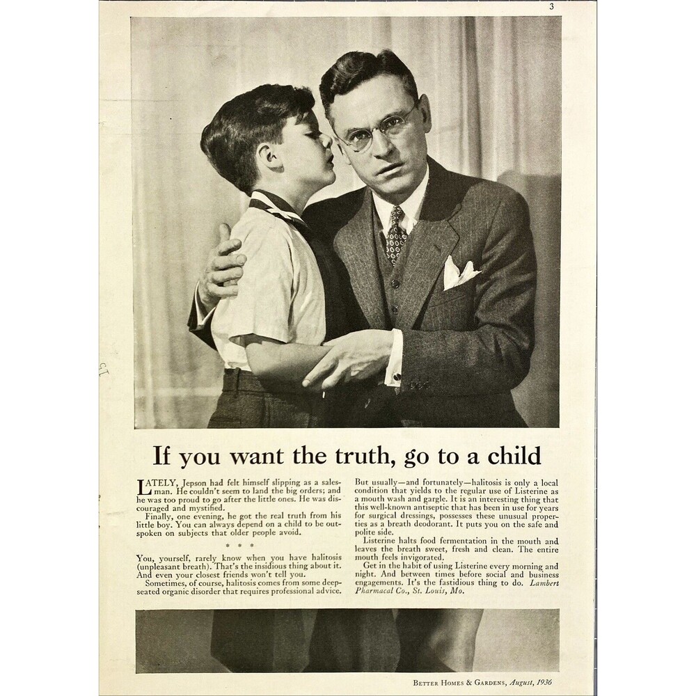 Listerine Mouthwash "If you want the truth, go to a child" Vintage Print Ad 1936